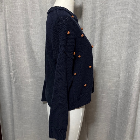 Madewell Wellesly Bobble Cotton Cropped Sweater-Sz S-Navy/Brown Pom Pom Detail - Picture 8 of 16